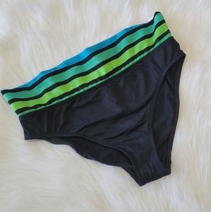 La Blanca Foldover Striped Waistband Bikini Bottom 8 NWT Black & Greens/Blues